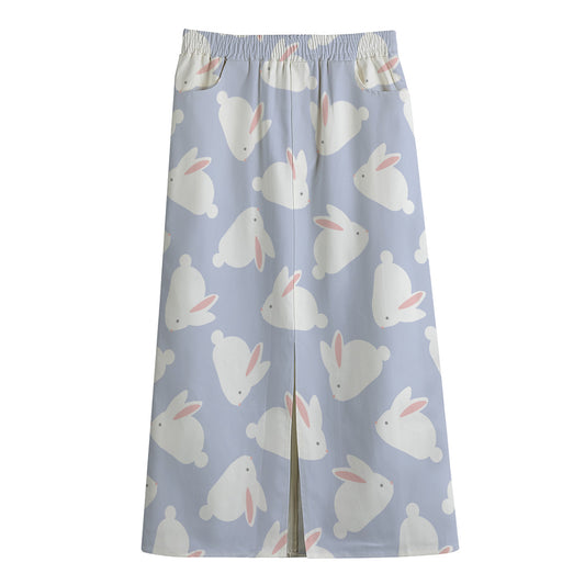 Mini Rabbit Pattern Print Cotton Front Slit Maxi Skirt