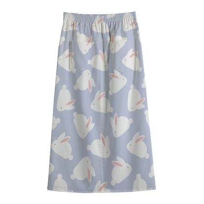 Mini Rabbit Pattern Print Cotton Front Slit Maxi Skirt