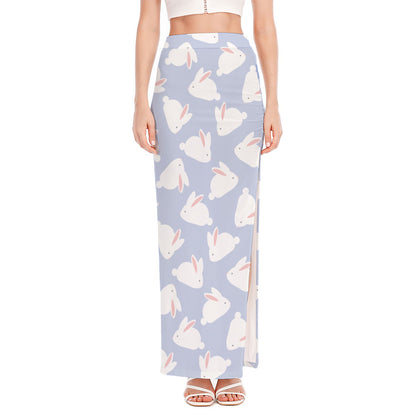 Mini Rabbit Pattern Print High Slit Maxi Skirt