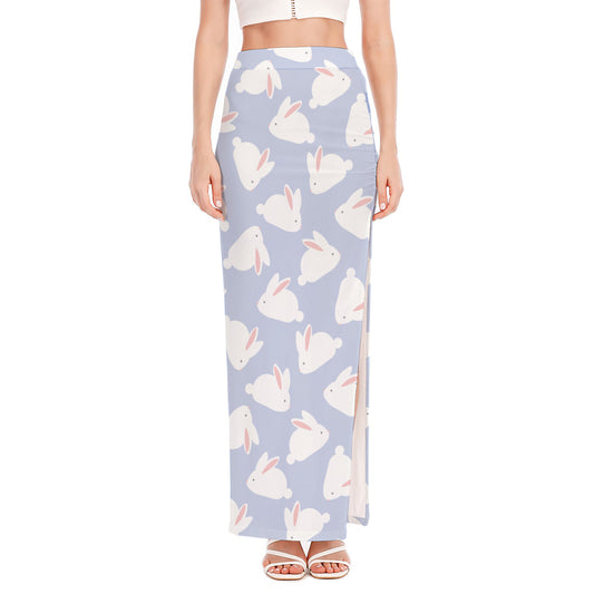 Mini Rabbit Pattern Print High Slit Maxi Skirt