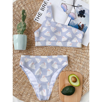 Mini Rabbit Pattern Print One Shoulder Bikini Top