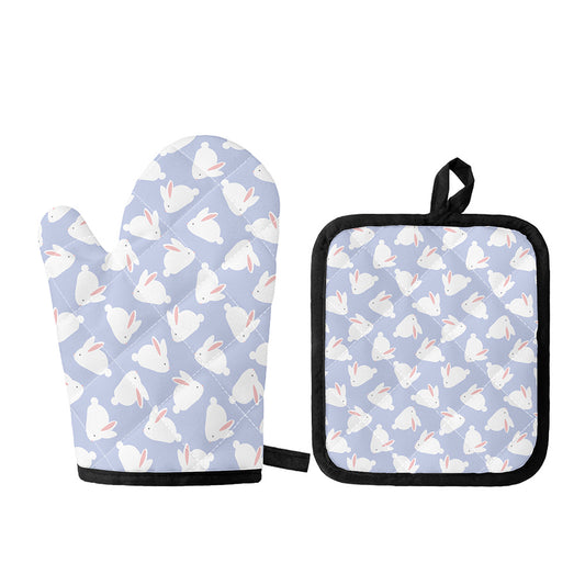 Mini Rabbit Pattern Print Oven Mitt And Pot Holder Set