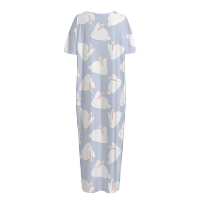 Mini Rabbit Pattern Print Short Sleeve Long Nightdress