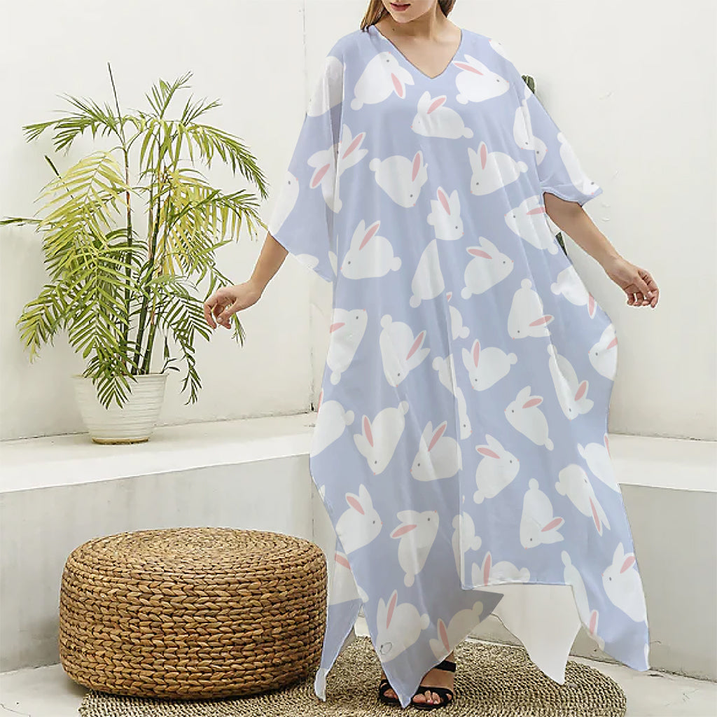 Mini Rabbit Pattern Print Silk V-Neck Kaftan Dress