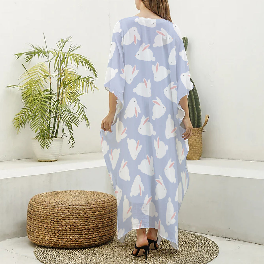 Mini Rabbit Pattern Print Silk V-Neck Kaftan Dress