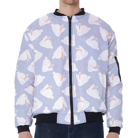 Mini Rabbit Pattern Print Zip Sleeve Bomber Jacket