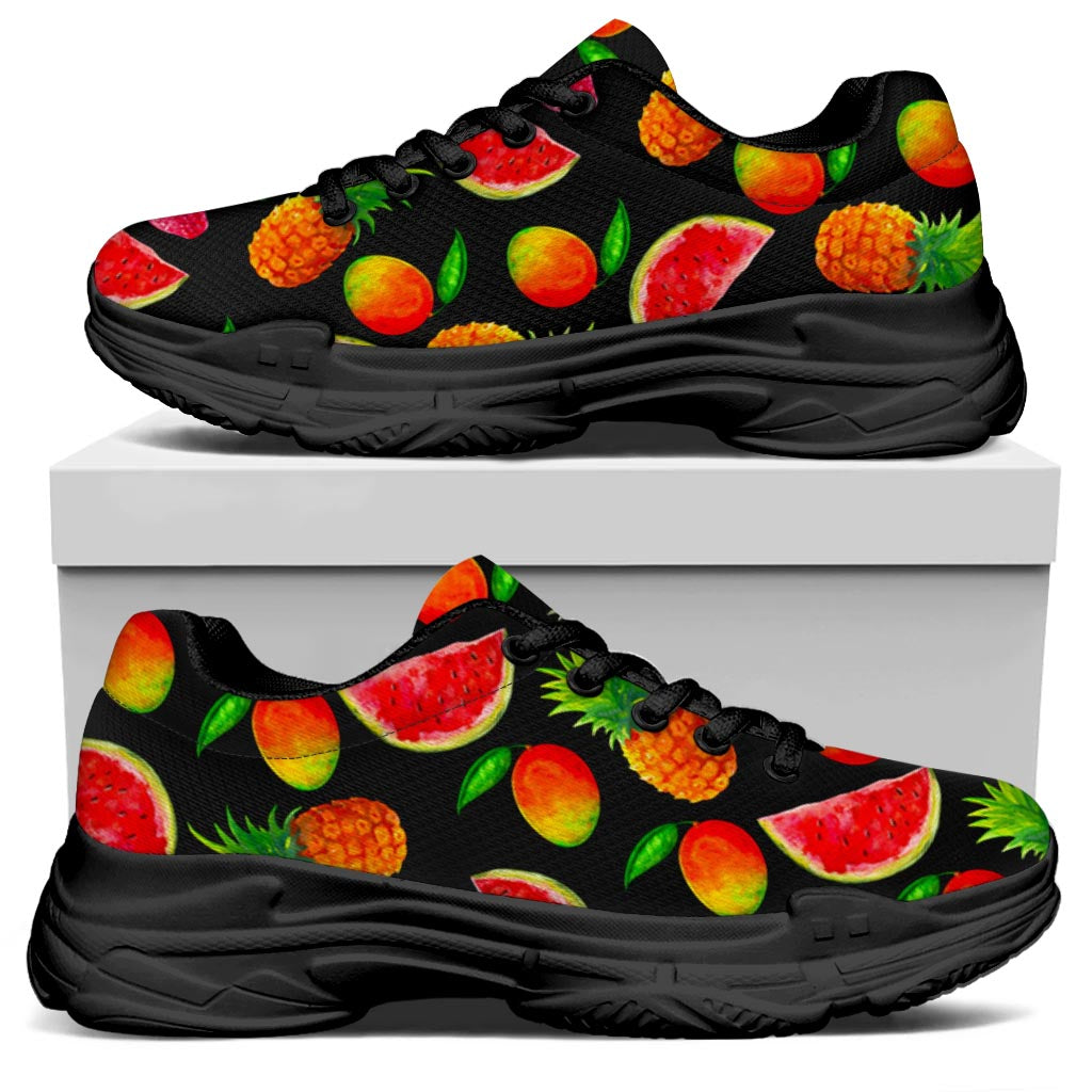 Mix Fruit Pineapple Pattern Print Black Chunky Shoes