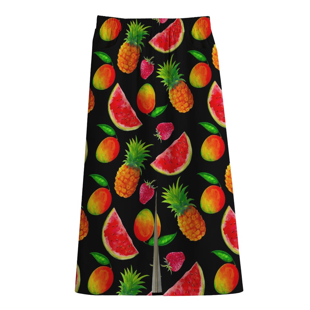 Mix Fruit Pineapple Pattern Print Cotton Front Slit Maxi Skirt