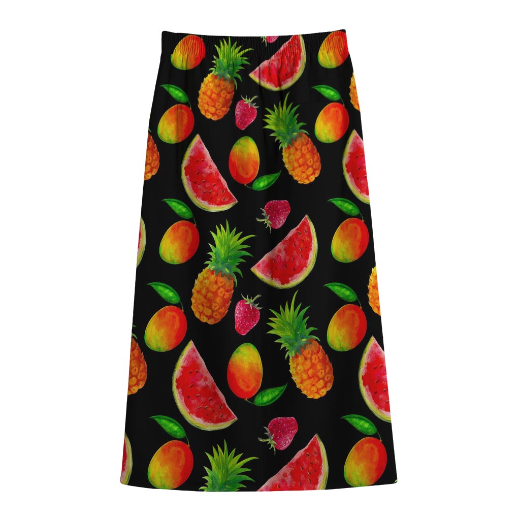 Mix Fruit Pineapple Pattern Print Cotton Front Slit Maxi Skirt