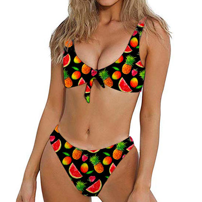 Mix Fruit Pineapple Pattern Print Front Bow Tie Bikini