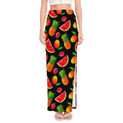 Mix Fruit Pineapple Pattern Print High Slit Maxi Skirt
