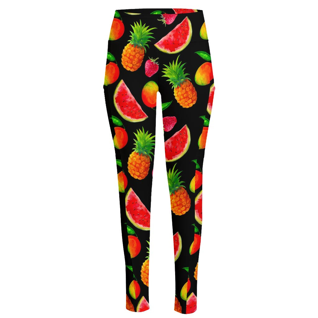 Mix Fruit Pineapple Pattern Print High-Waisted Pocket Leggings