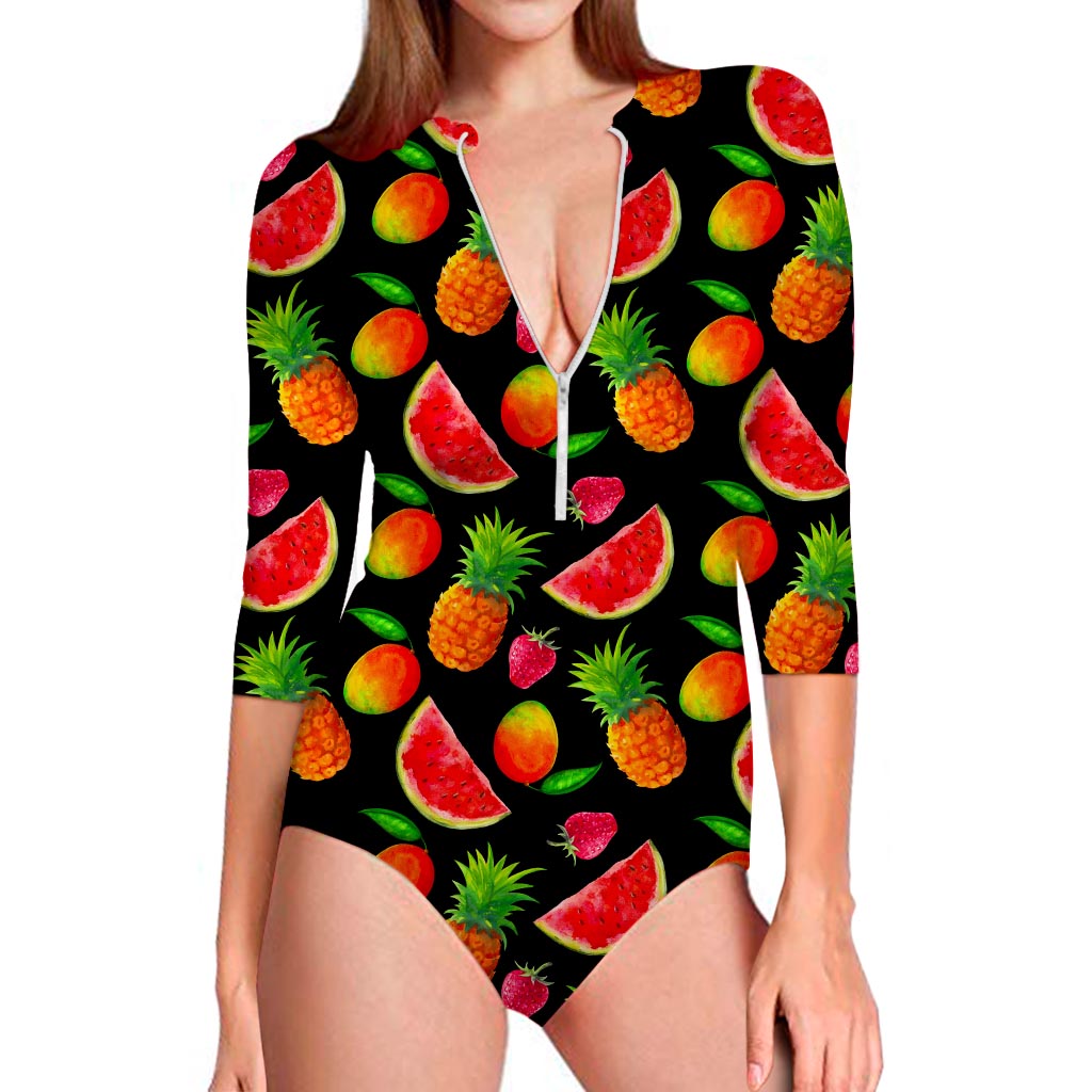 Mix Fruit Pineapple Pattern Print Long Sleeve Swimsuit