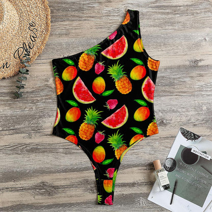 Mix Fruit Pineapple Pattern Print One Shoulder Bodysuit