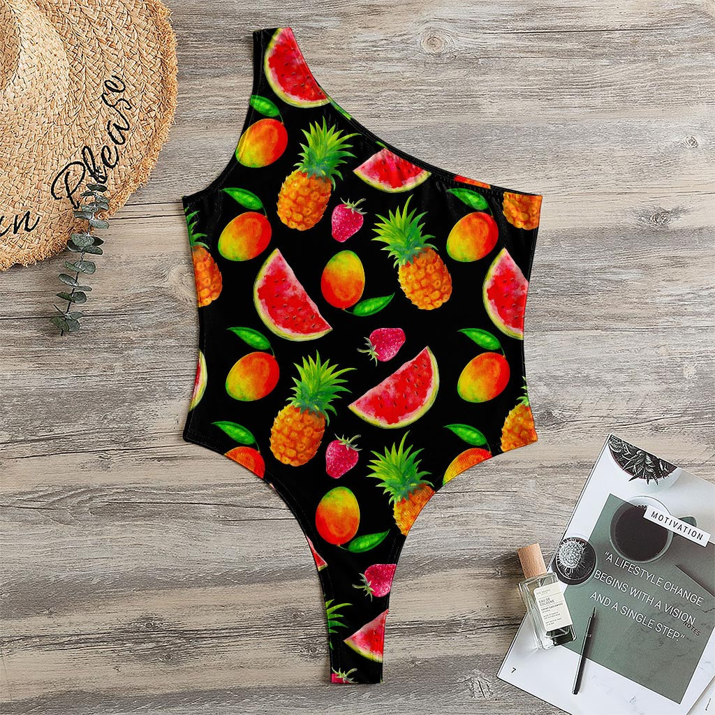 Mix Fruit Pineapple Pattern Print One Shoulder Bodysuit
