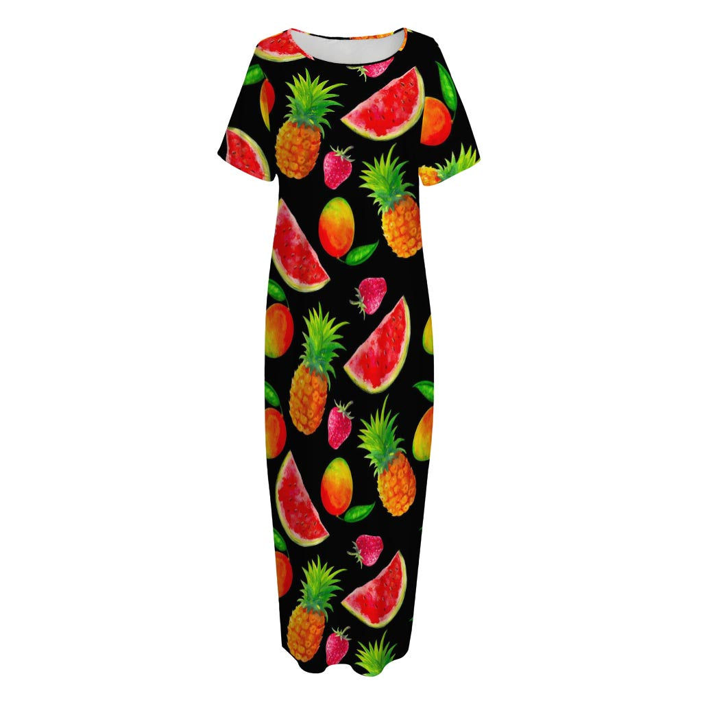 Mix Fruit Pineapple Pattern Print Short Sleeve Long Nightdress