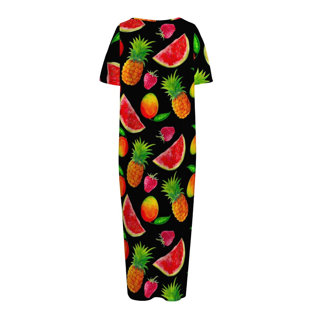 Mix Fruit Pineapple Pattern Print Short Sleeve Long Nightdress