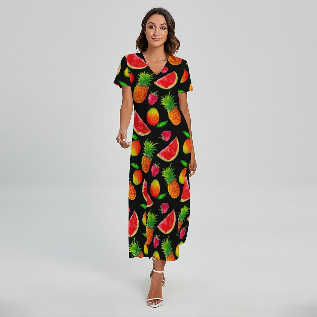 Mix Fruit Pineapple Pattern Print Short Sleeve Maxi Dress
