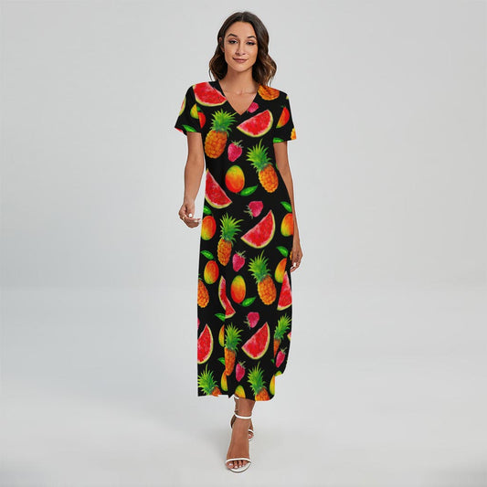 Mix Fruit Pineapple Pattern Print Short Sleeve Maxi Dress