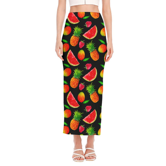 Mix Fruit Pineapple Pattern Print Side Slit Maxi Skirt