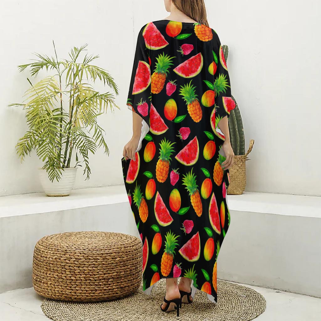 Mix Fruit Pineapple Pattern Print Silk V-Neck Kaftan Dress