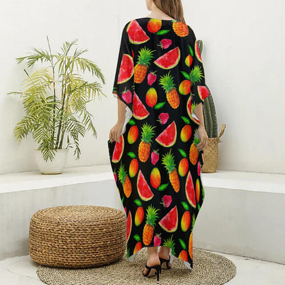 Mix Fruit Pineapple Pattern Print Silk V-Neck Kaftan Dress