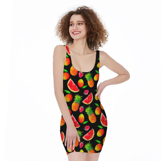 Mix Fruit Pineapple Pattern Print Sleeveless Bodycon Dress