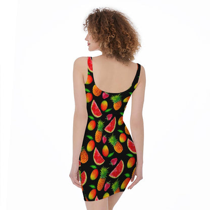 Mix Fruit Pineapple Pattern Print Sleeveless Bodycon Dress
