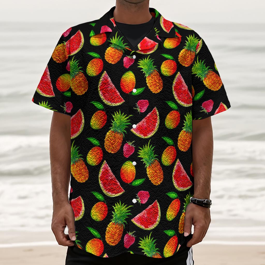 Mix Fruit Pineapple Pattern Print Textured Short Sleeve Shirt