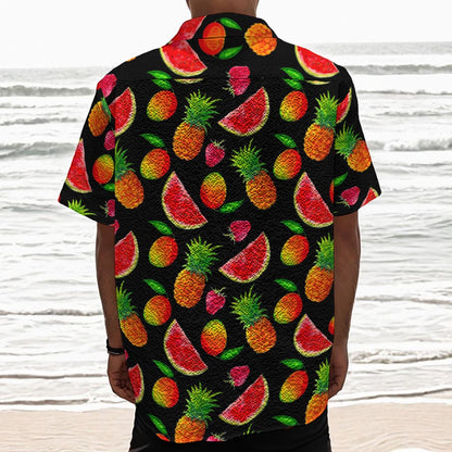 Mix Fruit Pineapple Pattern Print Textured Short Sleeve Shirt