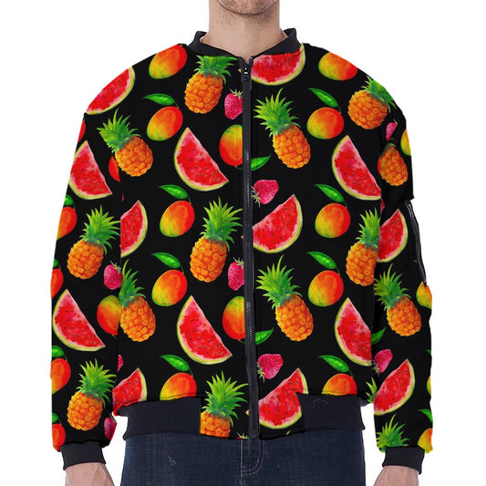 Mix Fruit Pineapple Pattern Print Zip Sleeve Bomber Jacket