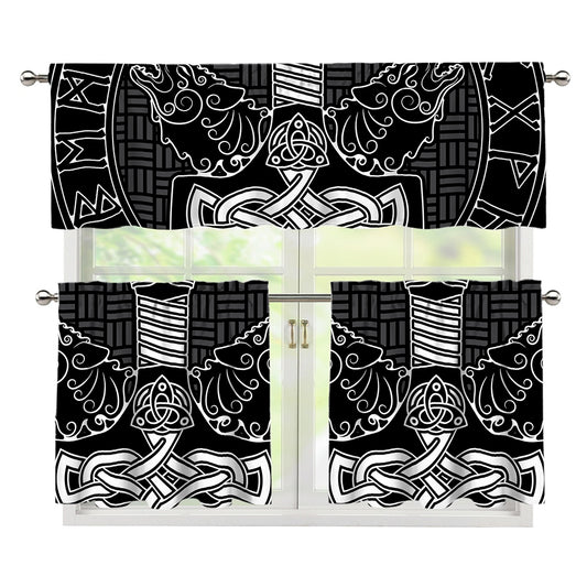 Mjolnir And Scandinavian Runes Print 3 Piece Kitchen Curtains