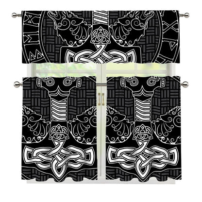 Mjolnir And Scandinavian Runes Print 3 Piece Kitchen Curtains