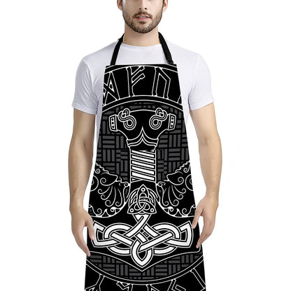 Mjolnir And Scandinavian Runes Print Bib Apron With Pocket