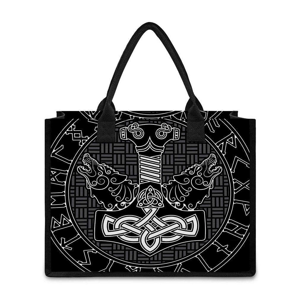 Mjolnir And Scandinavian Runes Print Canvas Tote Bag