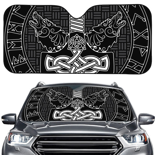 Mjolnir And Scandinavian Runes Print Car Windshield Sun Shade
