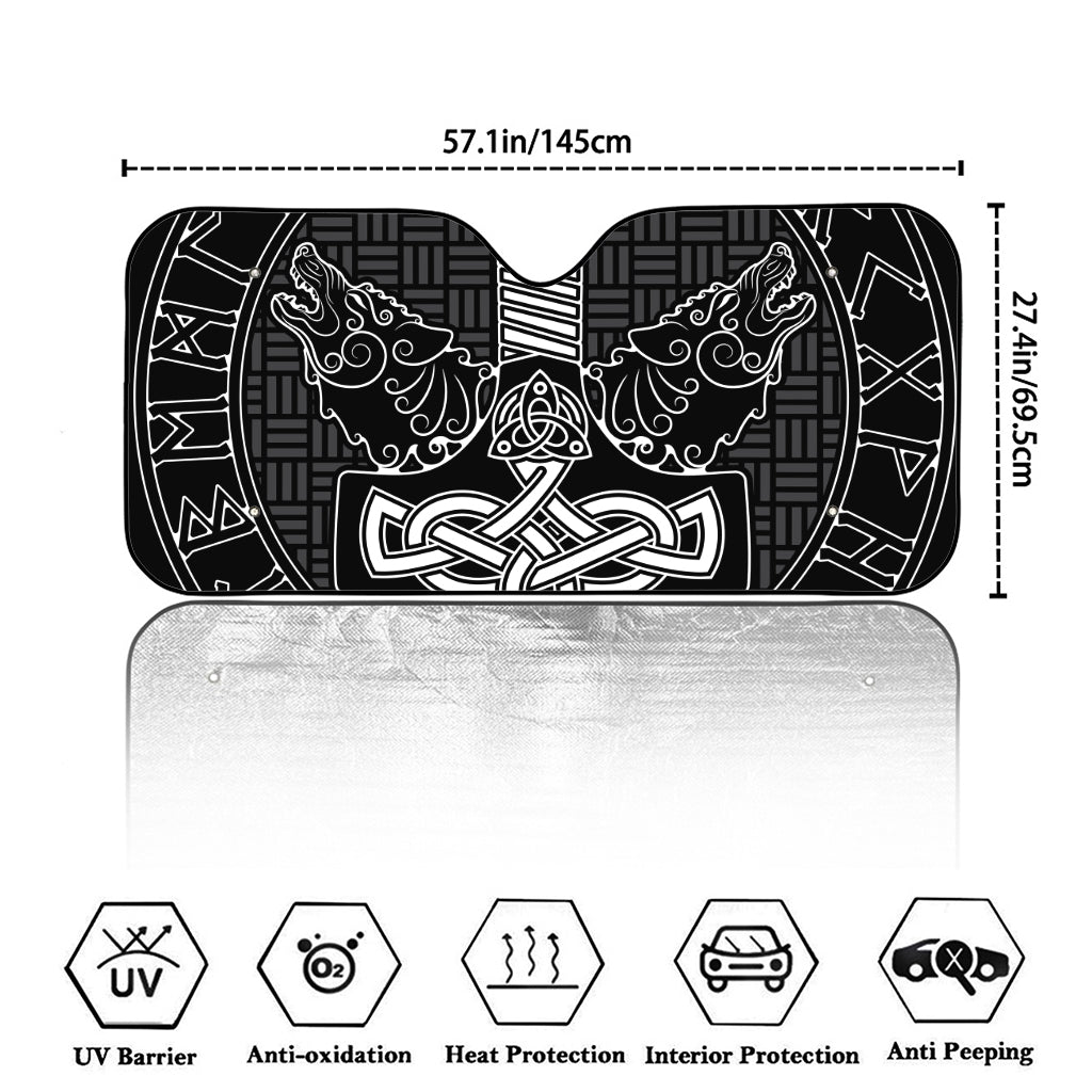 Mjolnir And Scandinavian Runes Print Car Windshield Sun Shade