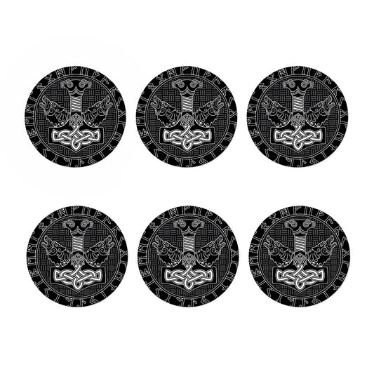 Mjolnir And Scandinavian Runes Print Coaster Set