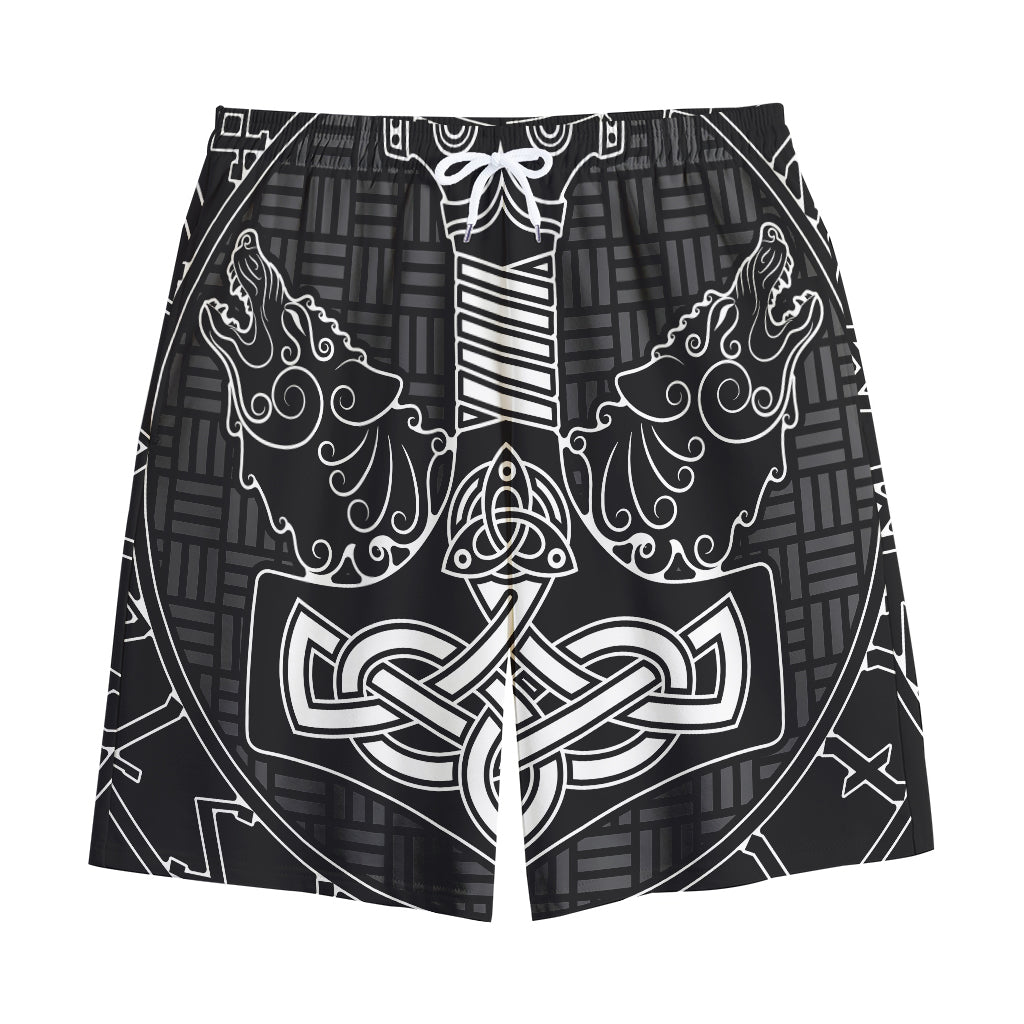 Mjolnir And Scandinavian Runes Print Cotton Shorts