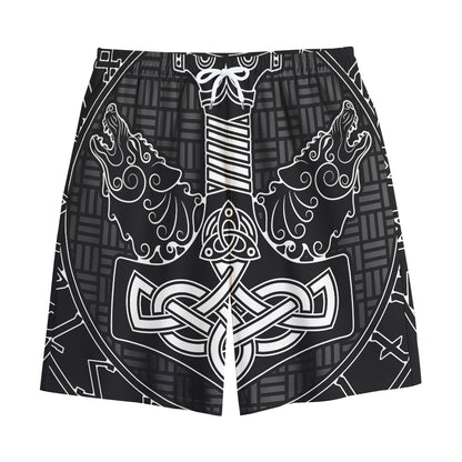 Mjolnir And Scandinavian Runes Print Cotton Shorts