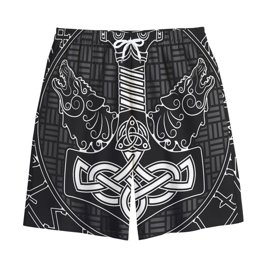 Mjolnir And Scandinavian Runes Print Cotton Shorts