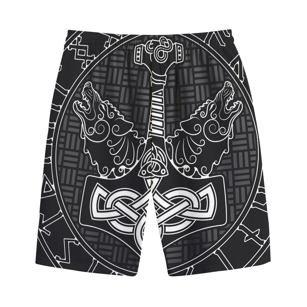 Mjolnir And Scandinavian Runes Print Cotton Shorts