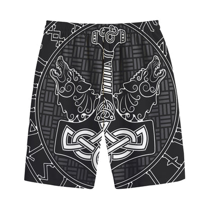 Mjolnir And Scandinavian Runes Print Cotton Shorts