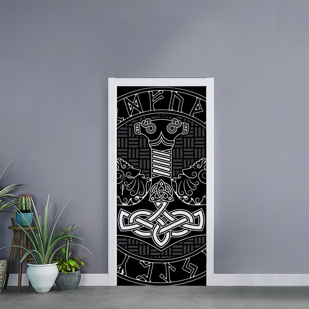 Mjolnir And Scandinavian Runes Print Door Sticker