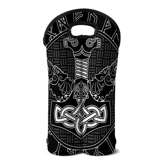 Mjolnir And Scandinavian Runes Print Double Neoprene Wine Tote