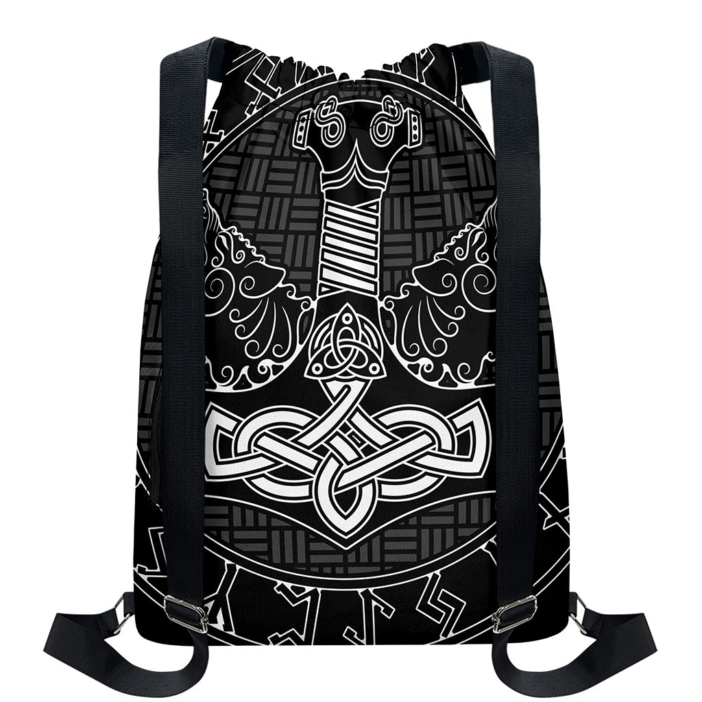 Mjolnir And Scandinavian Runes Print Drawstring Backpack