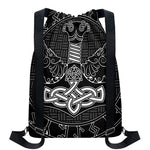 Mjolnir And Scandinavian Runes Print Drawstring Backpack