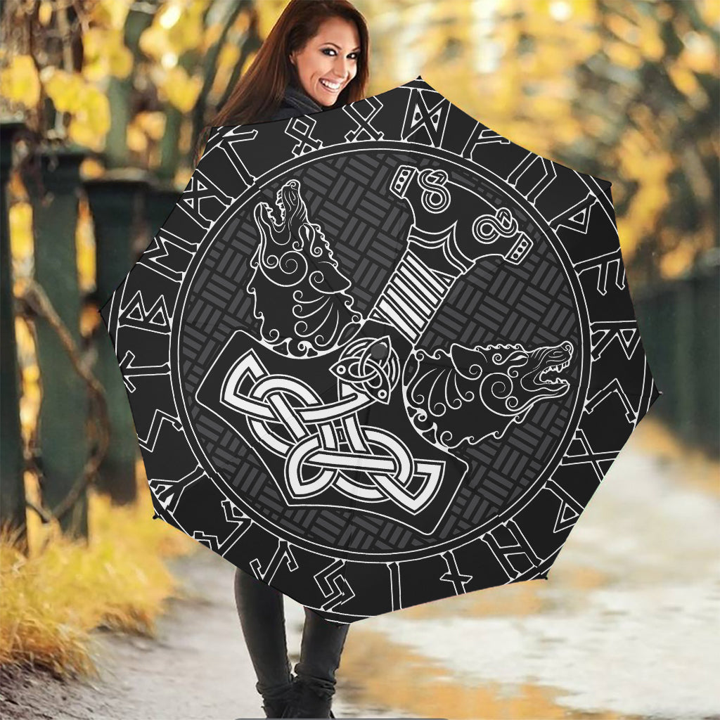 Mjolnir And Scandinavian Runes Print Foldable Umbrella