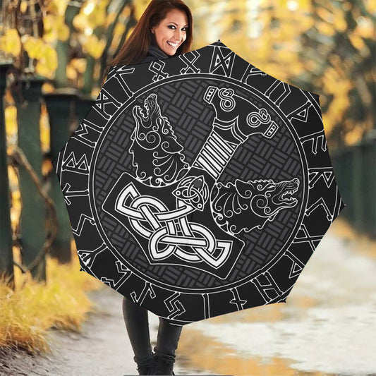 Mjolnir And Scandinavian Runes Print Foldable Umbrella