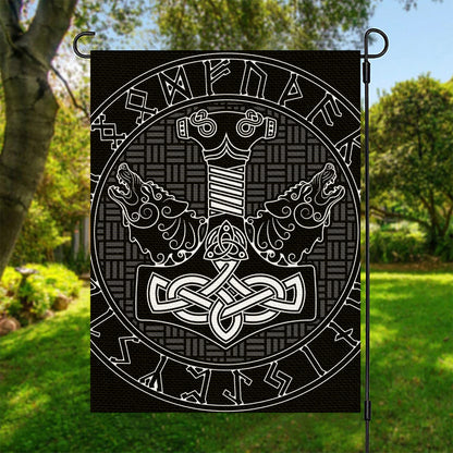 Mjolnir And Scandinavian Runes Print Garden Flag